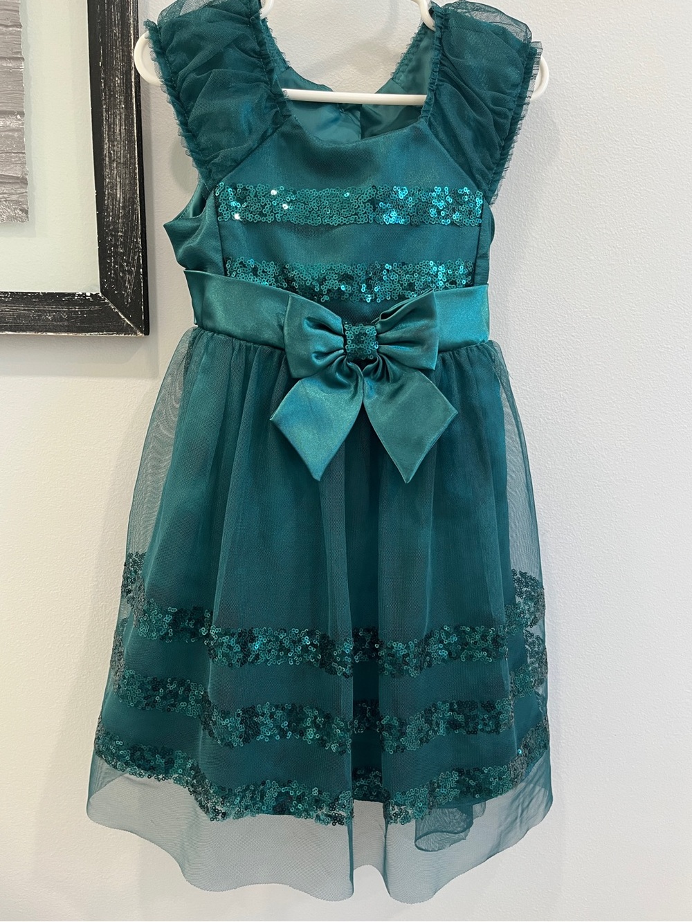 Jona Michelle Teal Sequin Bow Tulle Party Dress
